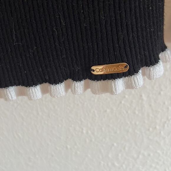 Calvin Klein Black Long Sleeve Sweater with White Ruffle Trim On Hem and Cuff M - Picture 2 of 4